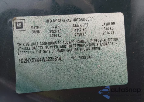 1998 Pontiac Bonneville Se z USA, uszkodzony, nr VIN 1G2HX52K4W4236814